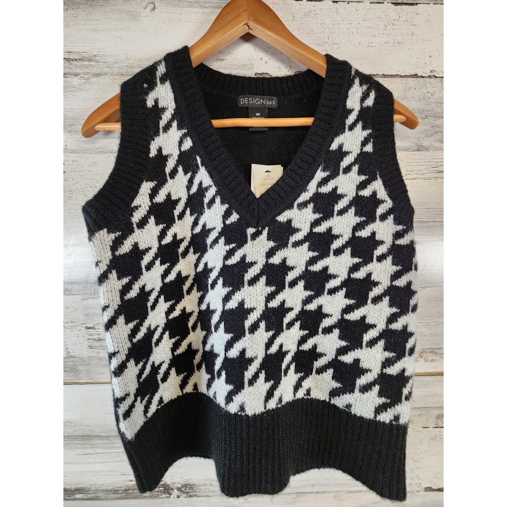 Design 365 Sweater Vest Women XS Black White Houndstooth V-Neck‎ M4107X NWT